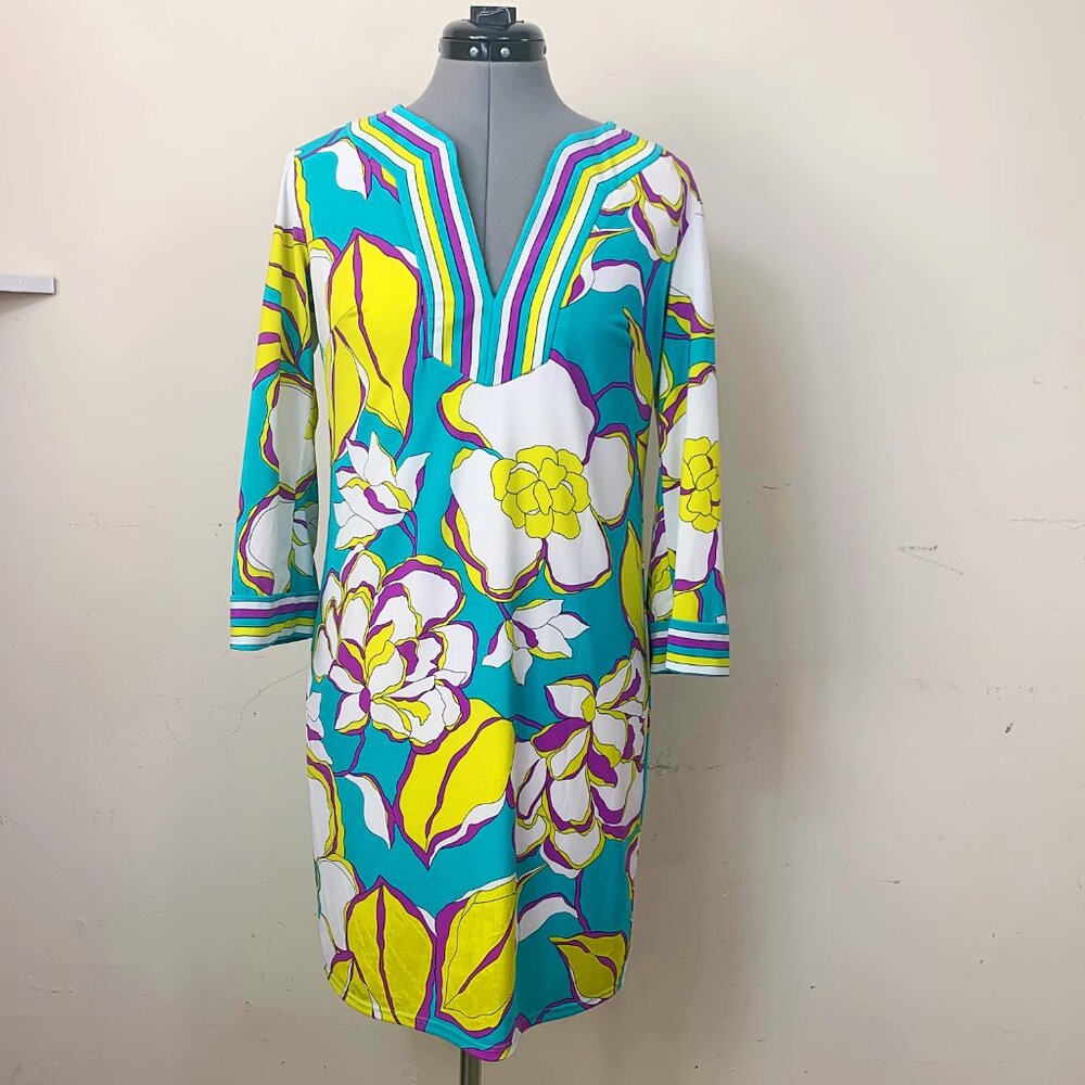Trina Turk Purple Turqouise Jersey Knit Retro Print Dress Size 2